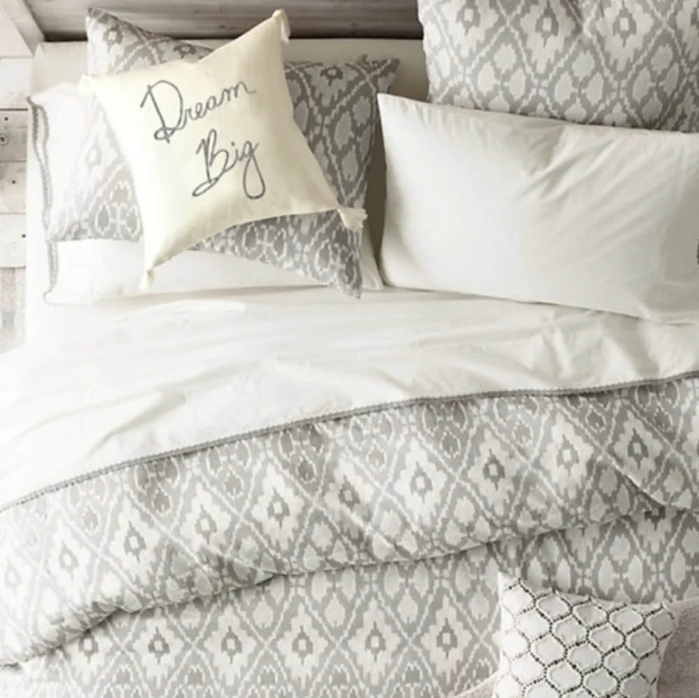 RH Teen Ikat Gray and Cream Duvet Cover w/subtle yellow highlights